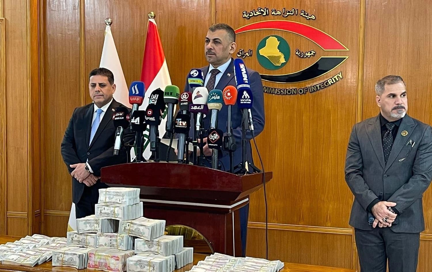 Haider Hanoun, head of the Iraqi Integrity Committee speaking at a press conference in Baghdad on August 6, 2023. Photo: INA