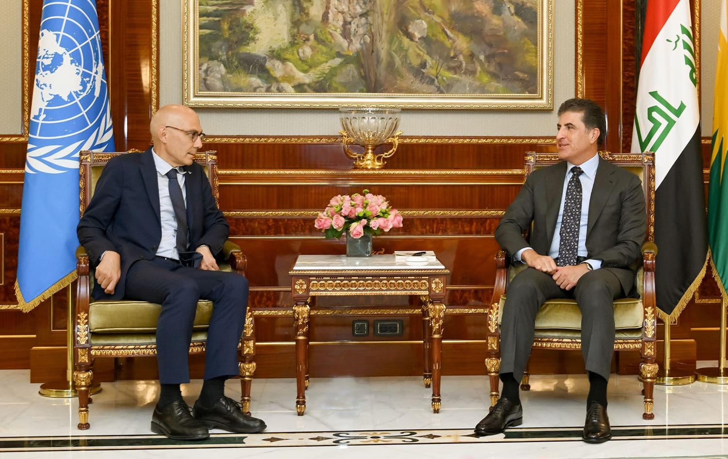 Kurdistan Region President Nechirvan Barzani (right) receives UN High Commissioner for Human Rights Volker Turk for a meeting in Erbil on August 7, 2023. Photo: Office of the President