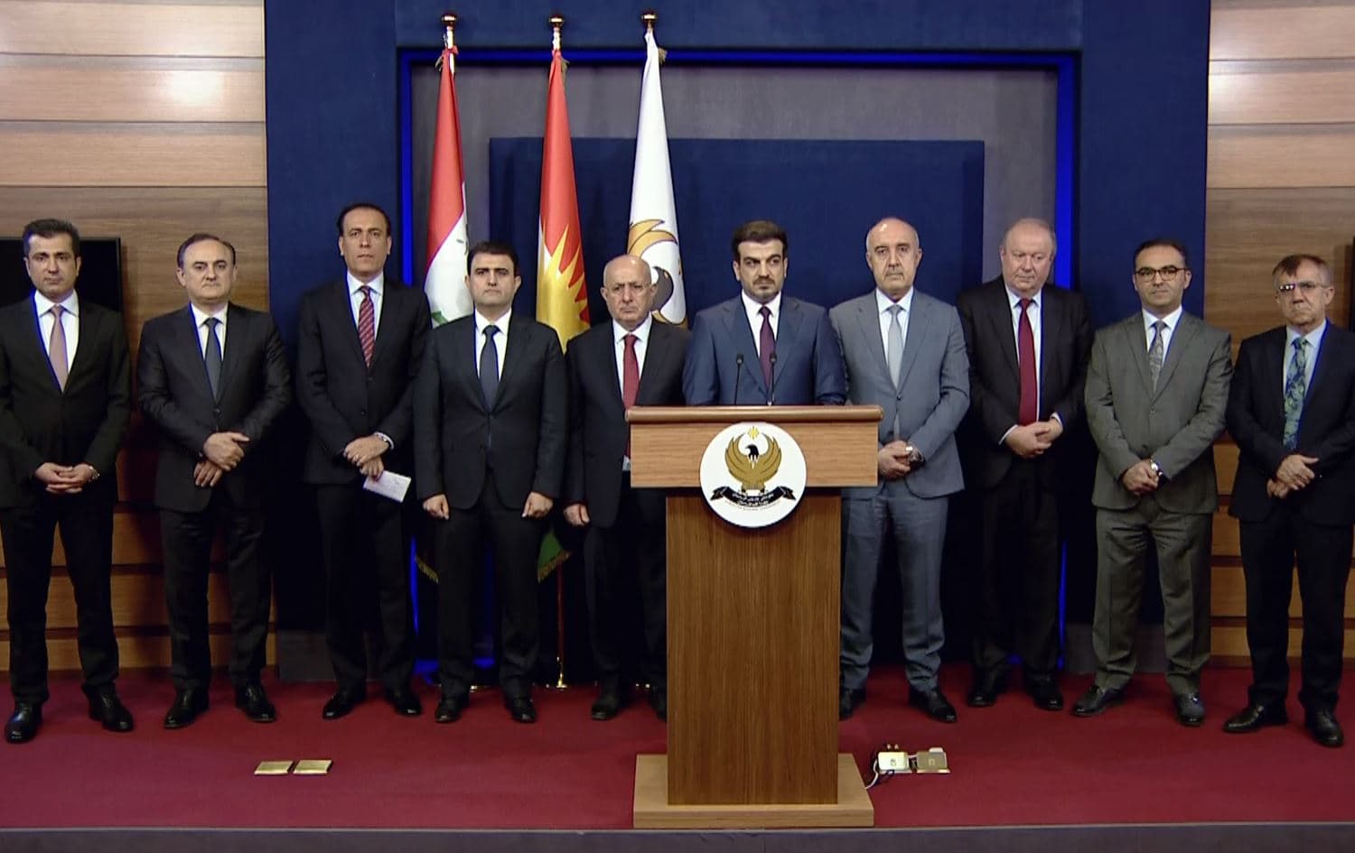 A delegation of the KRG speaking during a televised address on September 4, 2023 in Erbil. Photo: Rudaw/screengrab