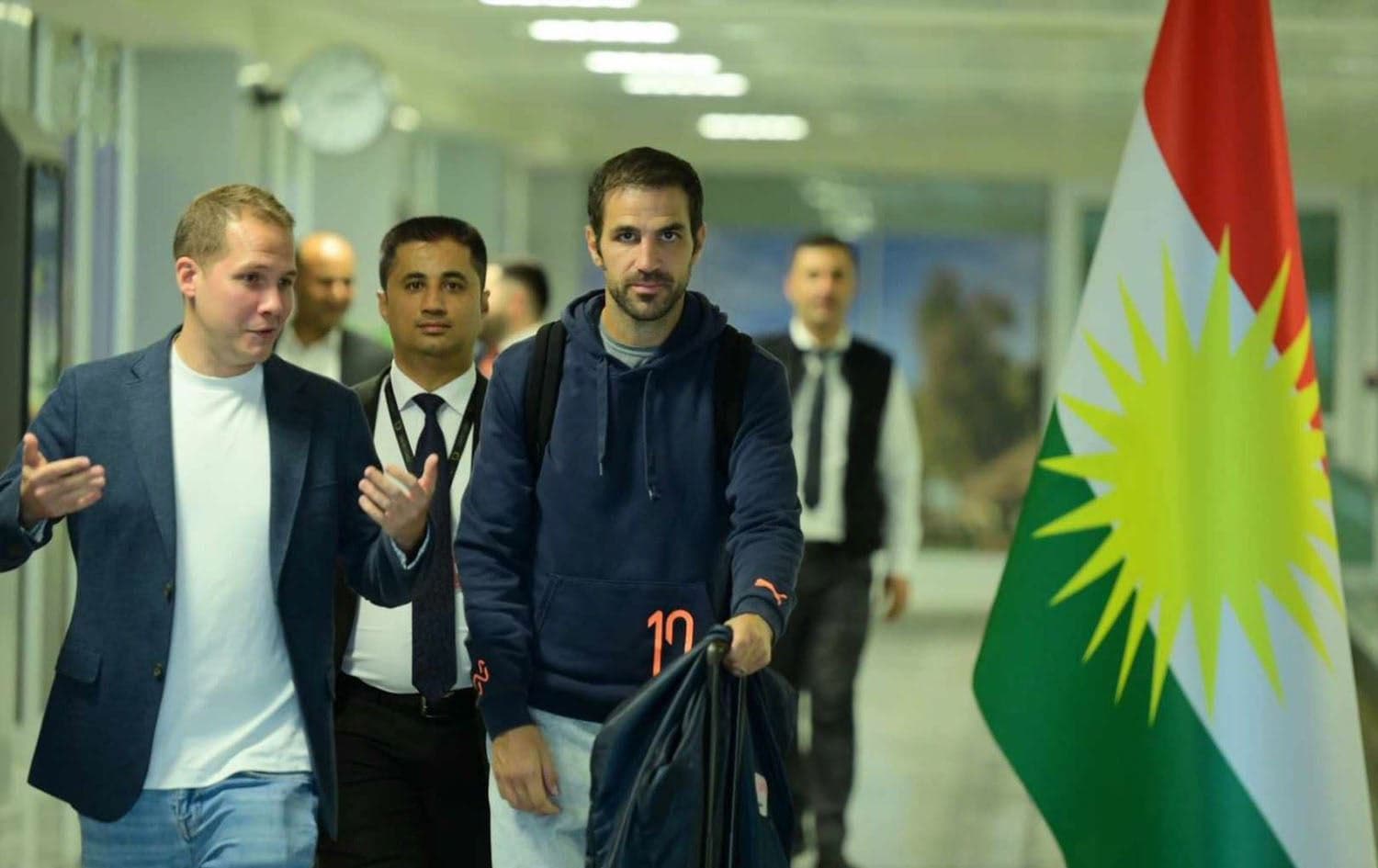 From Left, Luis Cardenas, LaLiga’s head of partnerships in the Middle East and Africa and Spanish football legend Cesc Fabregas in Erbil on October 13, 2023. Photo: Bilind T. Abdulllah/Rudaw