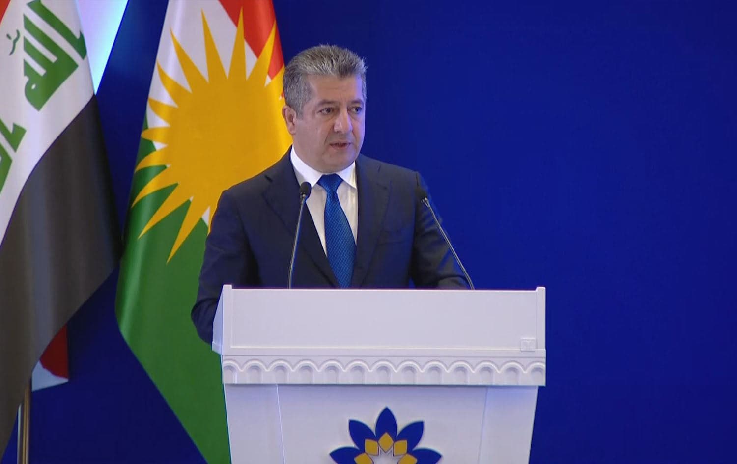 Kurdistan Region Prime Minister Masrour Barzani speaking at a banking forum in Erbil on October 21, 2023. Photo: Rudaw