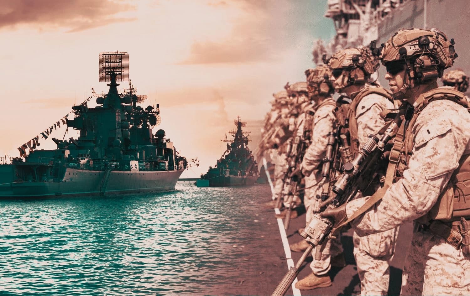 وێنەیەکی ئەرشیڤیی هێزێکی مارینز و کەشتییەکی جەنگیی ئەمریکا