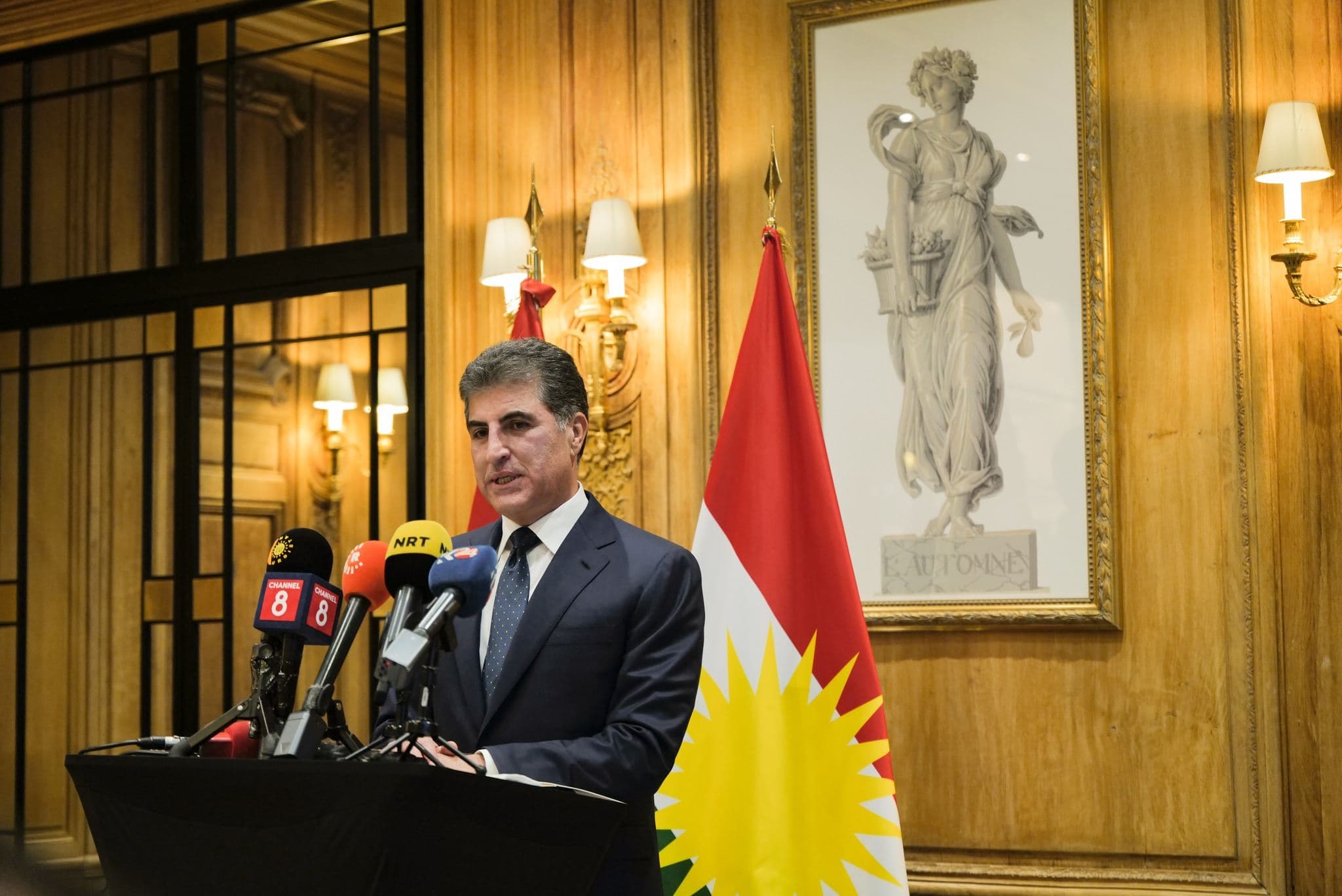Kurdistan Region President Nechirvan Barzani speaking to reporters in Paris on November 3, 2023. Photo: KRP