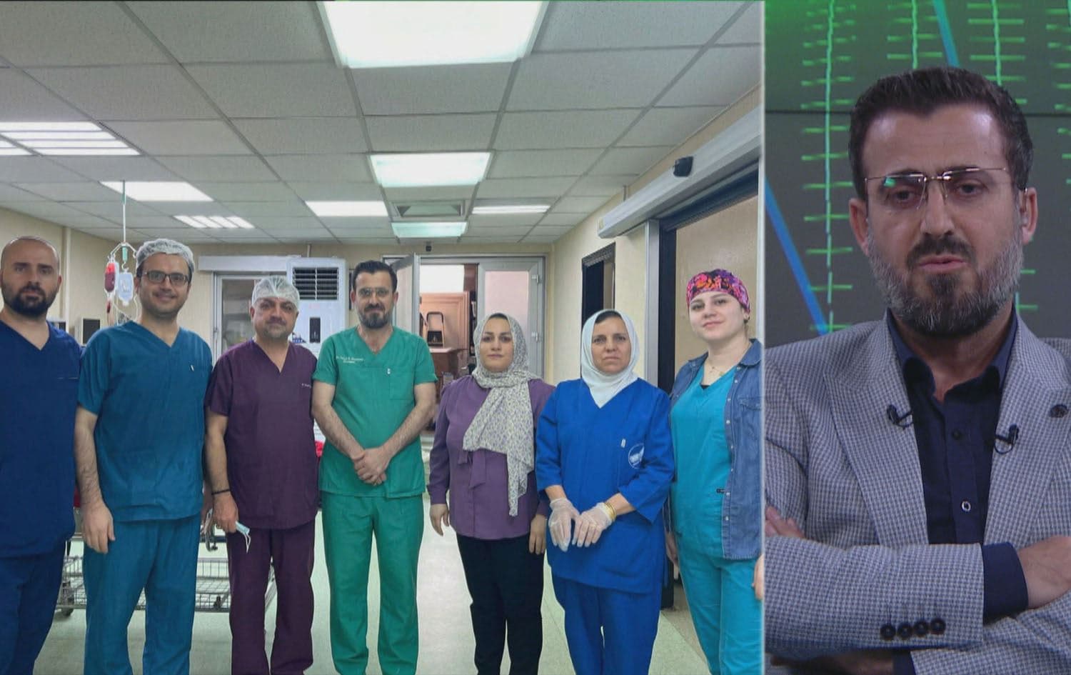Dr. Dr. Hiwa Abdulrahman Chomani in an interview with Rudaw on November 8, 2023 (left), and Chomani as part of the team of surgeons in Erbil's Rizgari Hospital (right). Photo: Rudaw