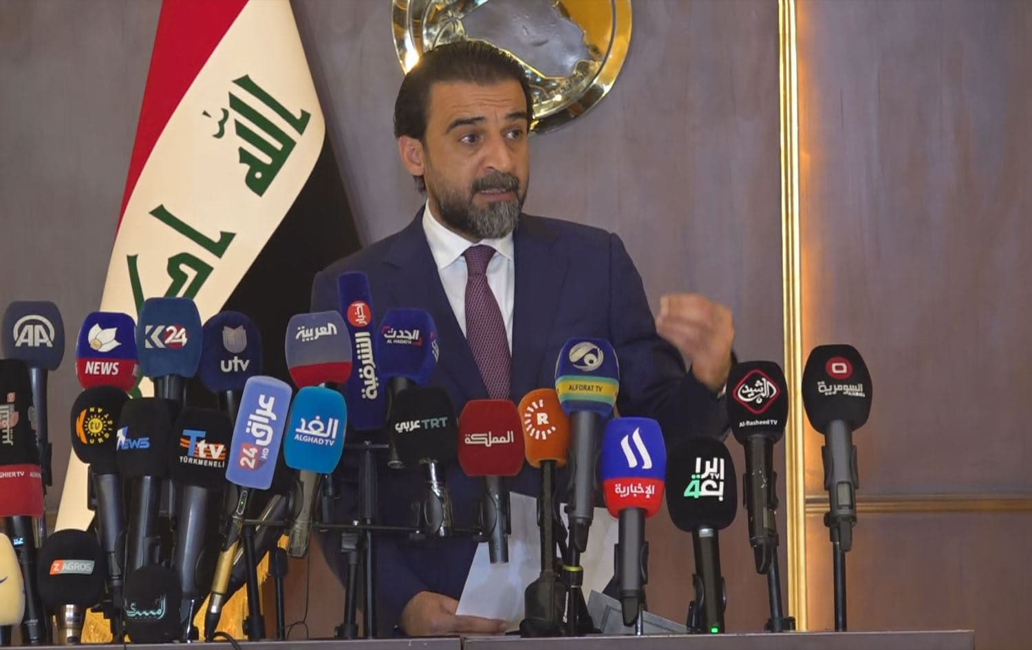 Iraq's dismissed speaker of parliament Mohammed al-Halbousi speaking in a press conference on November 15, 2023. Photo: Rudaw