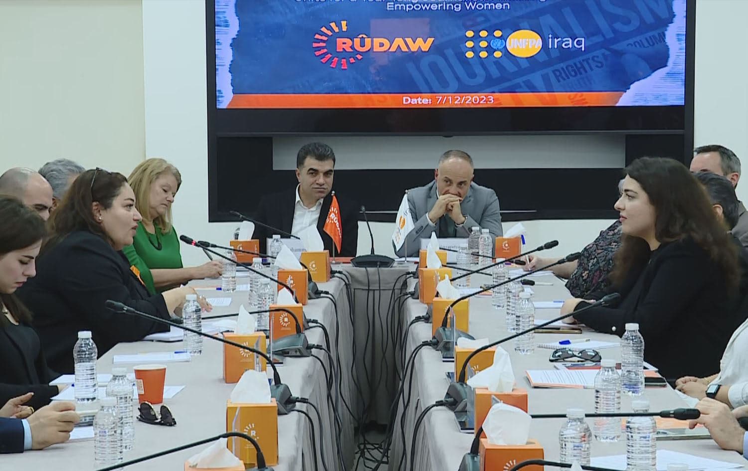 Rudaw Media Network CEO Ako Mohammed and Deputy Representative of UNFPA Garik Hayrapetyan at the signature of an agreement between the two organizations on the training women from the Kurdistan Region and Iraq to work in the media, in Erbil on December 7, 2024. Photo: Rudaw