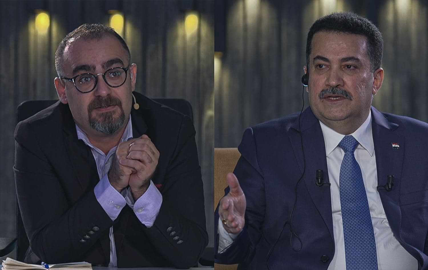 Iraqi Prime Minister Mohammed Shia' al-Sudani (left) speaks to Rudaw's Bestoon Othman as a guest on the 'Bestoon Talk' show in Baghdad on December 9, 2023. Graphic: Rudaw