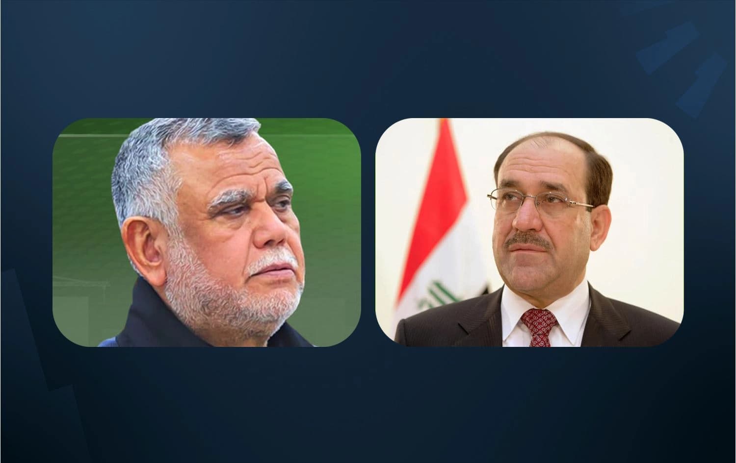 Hadi al-Amiri leader of the pro-Iran Badr Organization (left). Photo: Handout; Nouri al-Maliki, former Iraqi prime minister. Photo: Handout; Graphic: Rudaw
