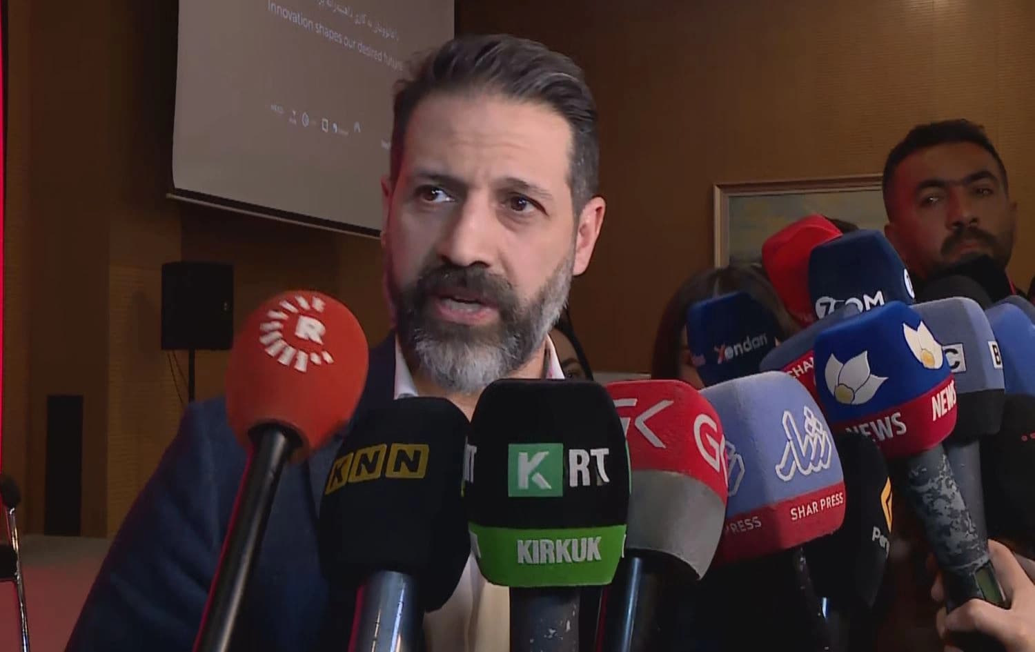 Kurdistan Region Deputy Prime Minister Qubad Talabani speaking to reporters in Sulaimani on January 7, 2024. Photo: Rudaw/screengrab