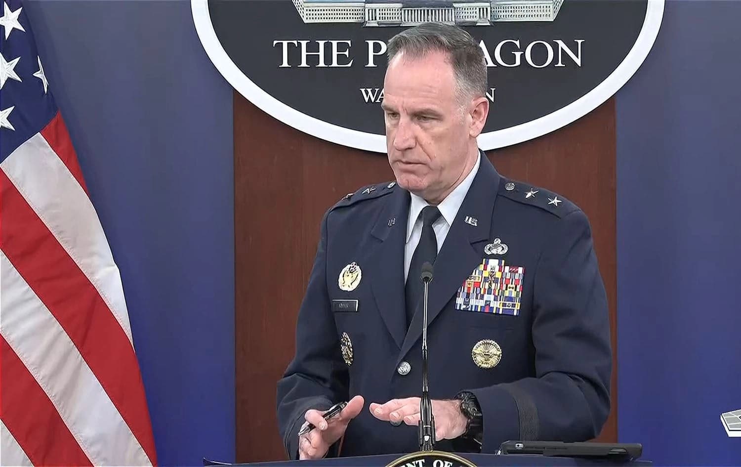 Pentagon spokesman Major General Pat Ryder speaking during a press brifing on February 5, 2024. Photo: Screengrab/Pentagon