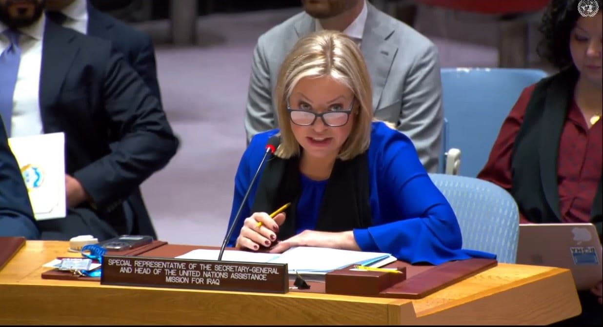 Jeanine Hennis-Plasschaert, head of the United Nations Asisstance Mission for Iraq (UNAMI), speaking at the UN Security Council in New York on February 6, 2024. Photo: UN