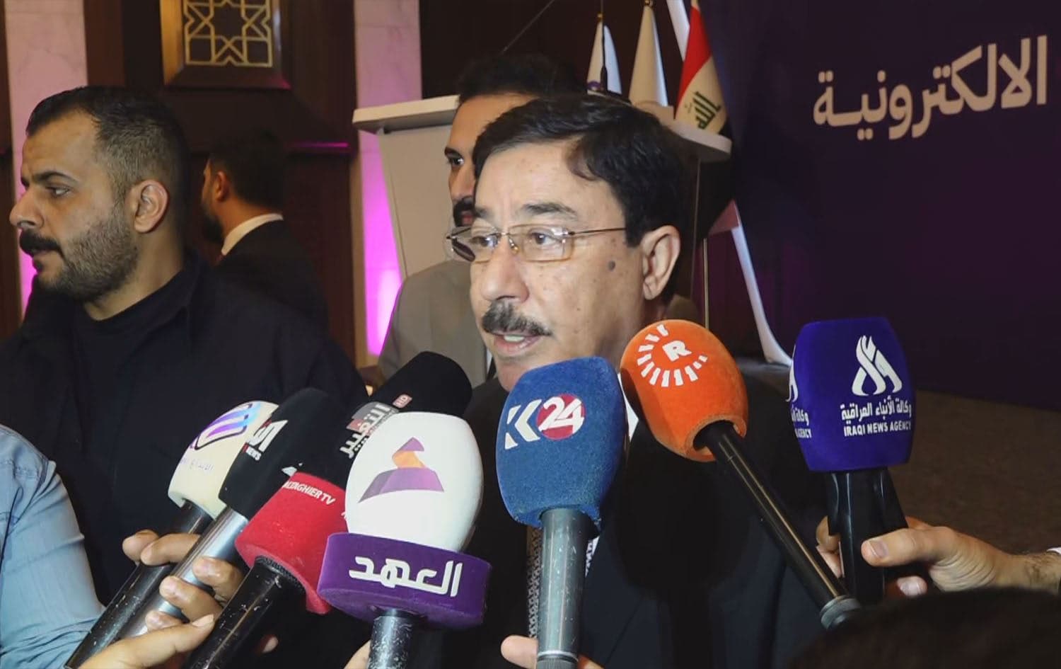 Ali Mohsen al-Alaq, Governor of Iraq's Central Bank, speaking to reporters in Baghdad on February 22, 2024. Photo: Rudaw