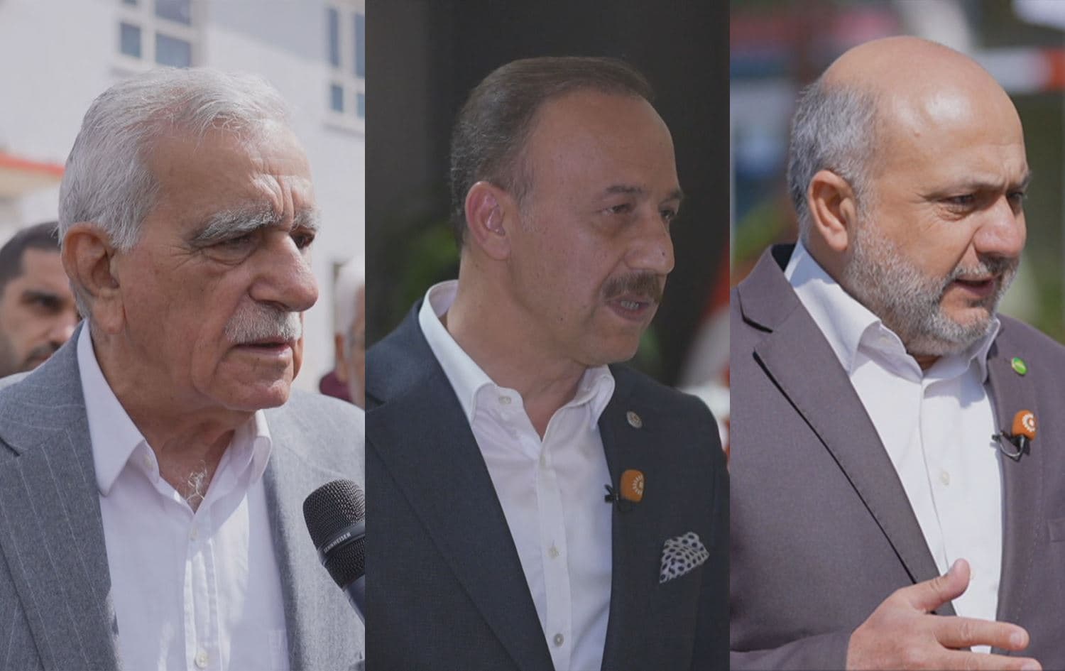 From left: Ahmet Turk, Abdullah Erin, and Ismail Cevik speaking to Rudaw in Mardin, Turkey on March 12, 2024. Photos: Rudaw/screengrab