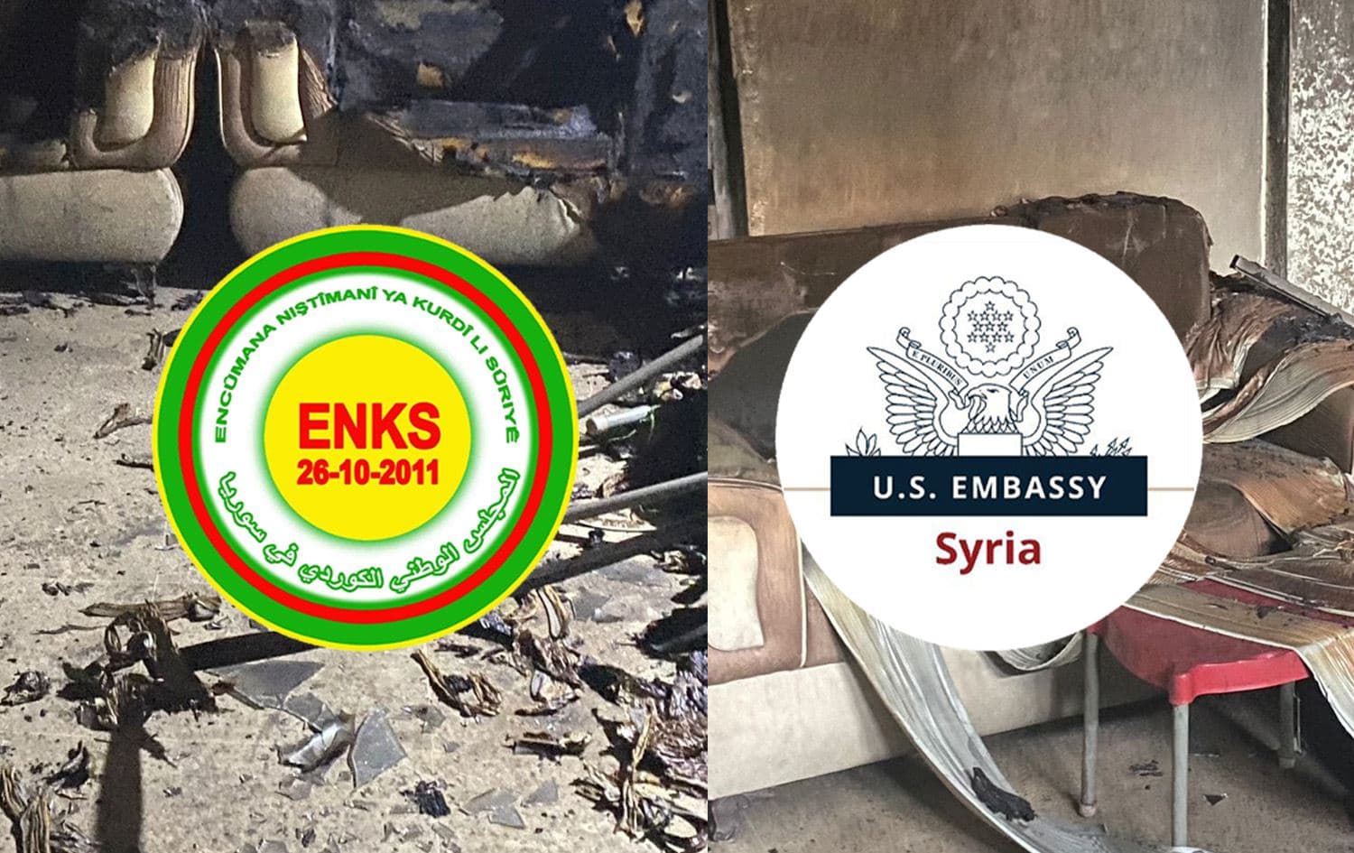 From left: logos of ENKS and US embassy in Syria, with background photo showing the aftermath of attacks on ENKS offices in Rojava on April 24, 2024.