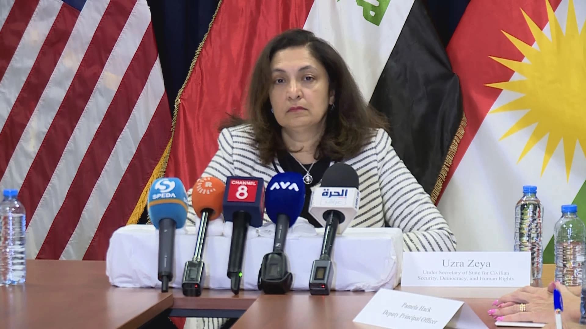 US Under Secretary of State for Civilian Security, Democracy, and Human Rights Uzra speaking to reporters in Erbil on May 10, 2024. Photo: Rudaw