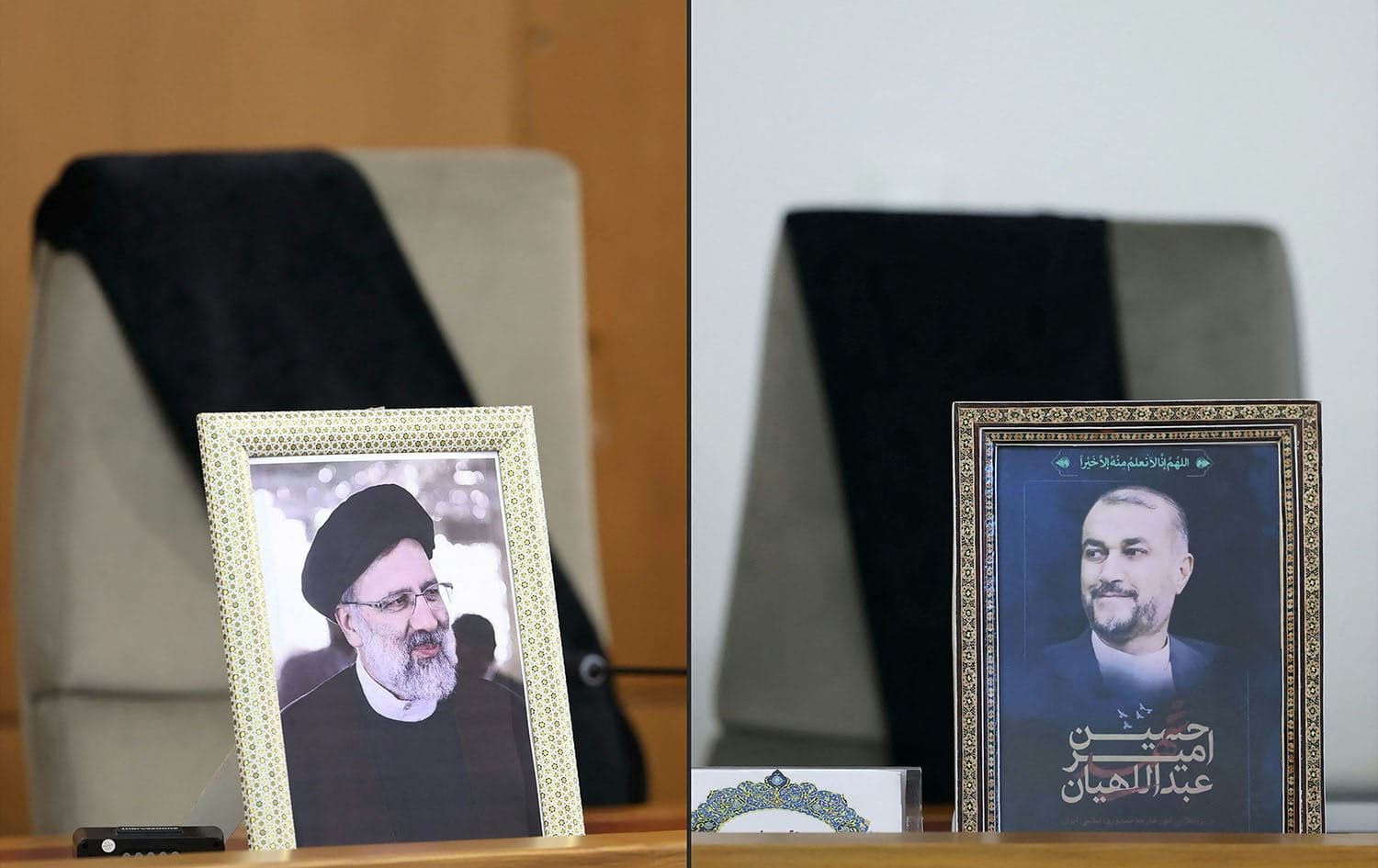 The empty seats of Iran's late president Ebrahim Raisi (L) and foreign minister Hossein Amir-Abdollahian during a cabinet meeting held on May 20, 2024. Photo: Iranian presidency / handout