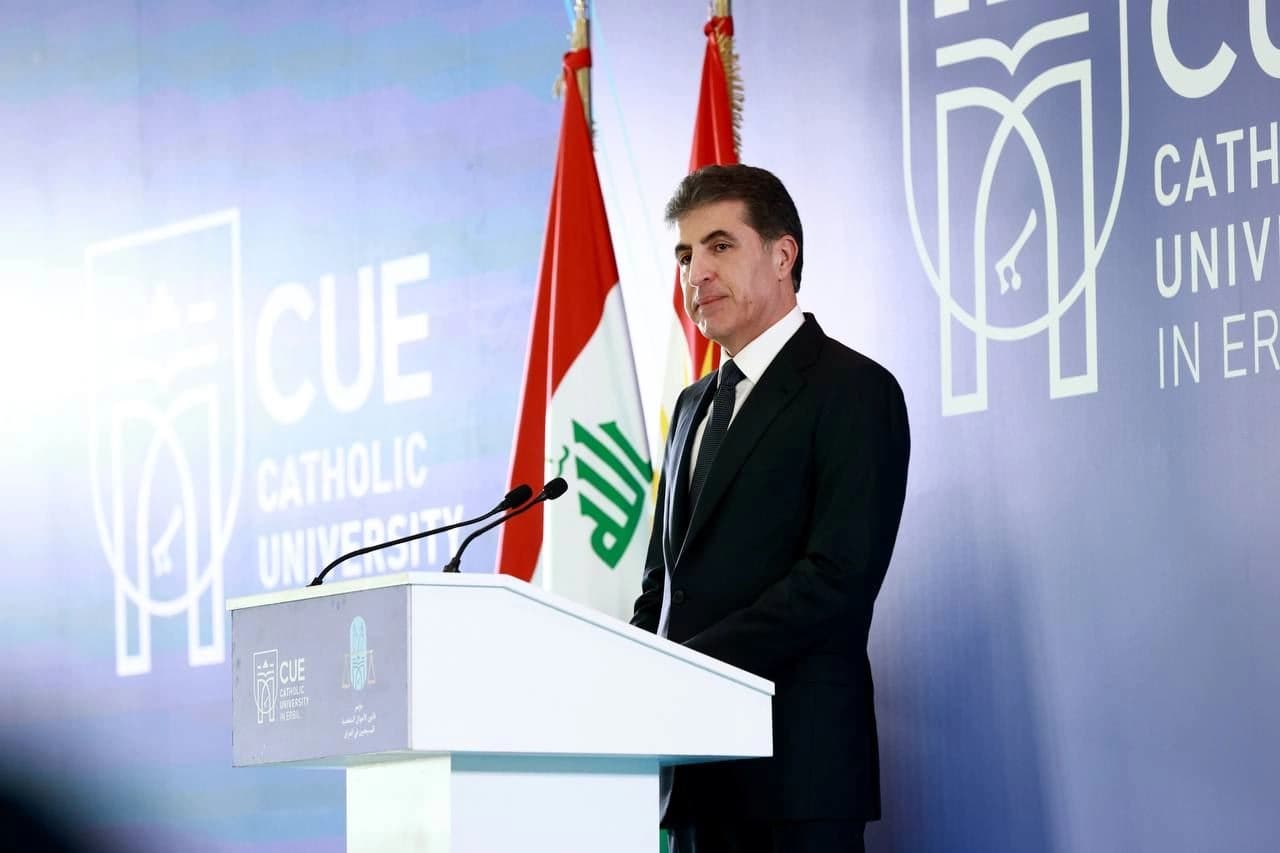 Kurdistan Region President Nechirvan Barzani speaking at CUE conference in Erbil on May 27, 2024