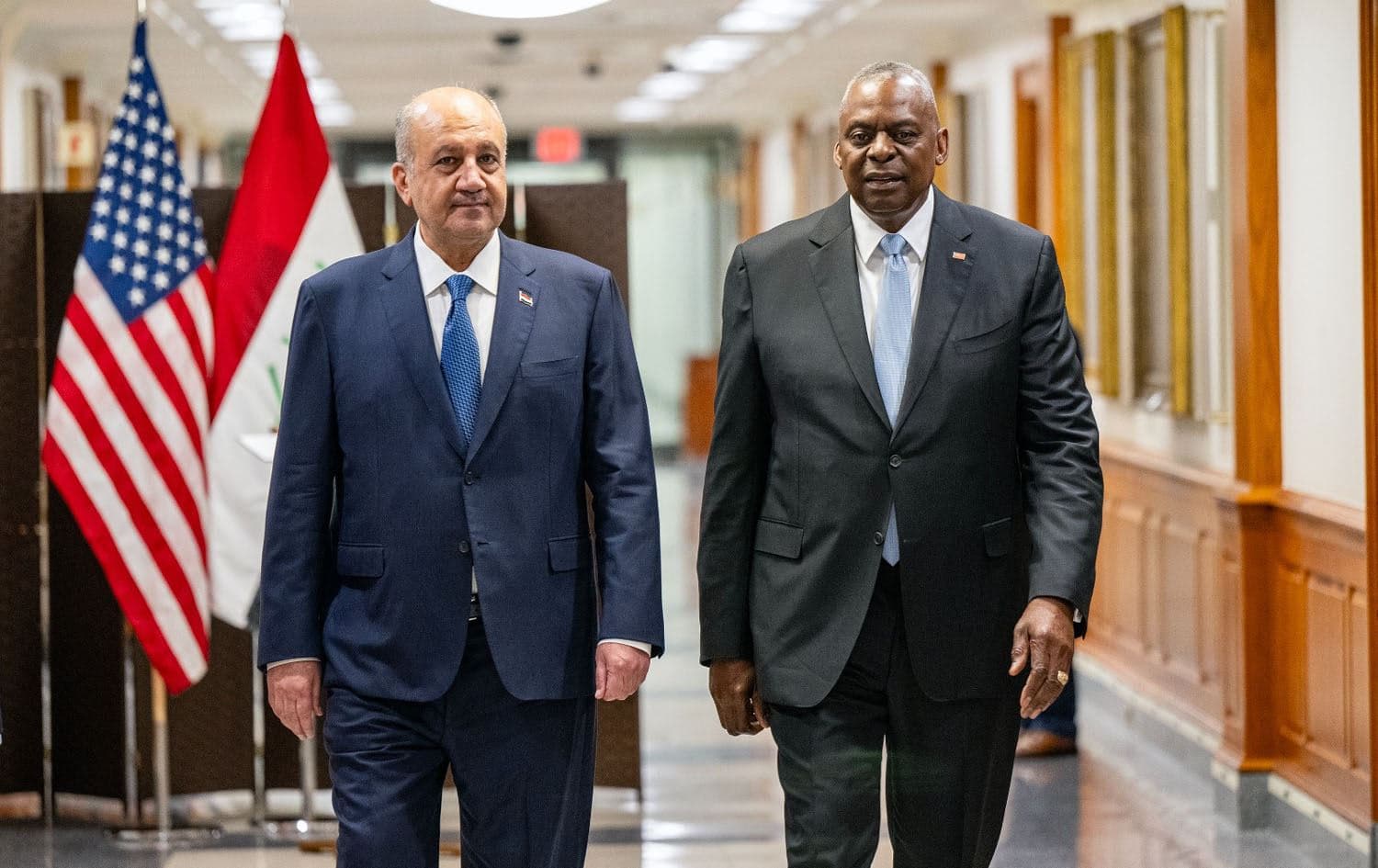 Secretary of Defense Lloyd J. Austin III and Iraq Minister of Defense Thabet Muhammad al-Abbasi participate in a bilateral exchange at the Pentagon, July 23, 2024. Photo: US Pentagon/Staff Sergeant Eugene Oliver