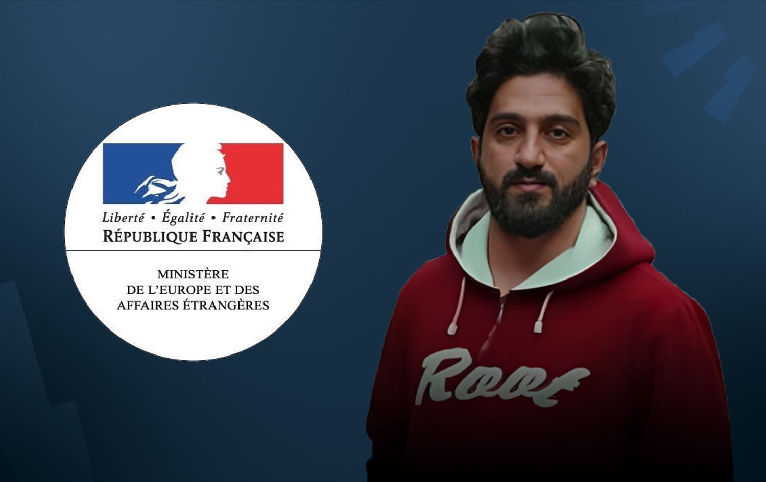Logo of French foreign ministry, Reza Rasaei who was executed in Iran on August 6, 2024. Photo: Hengaw Organization for Human Rights, Graphic: Rudaw