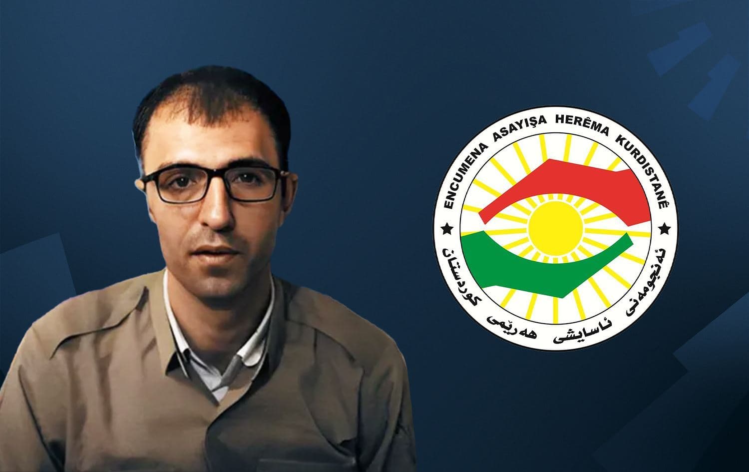 Behzad Xusrewî û logoya Encumena Asayîşa Herêma Kurdistanê/Wêne: Rûdaw Grafîk