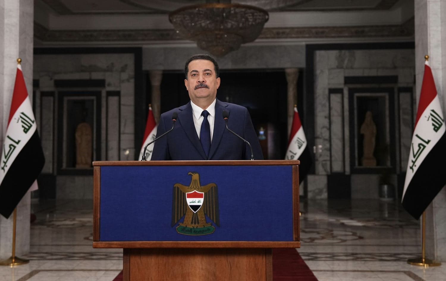 Iraqi PM Mohammed Shia' al-Sudani delivers a speech televised on September 8, 2024. Photo: PM Sudani's office