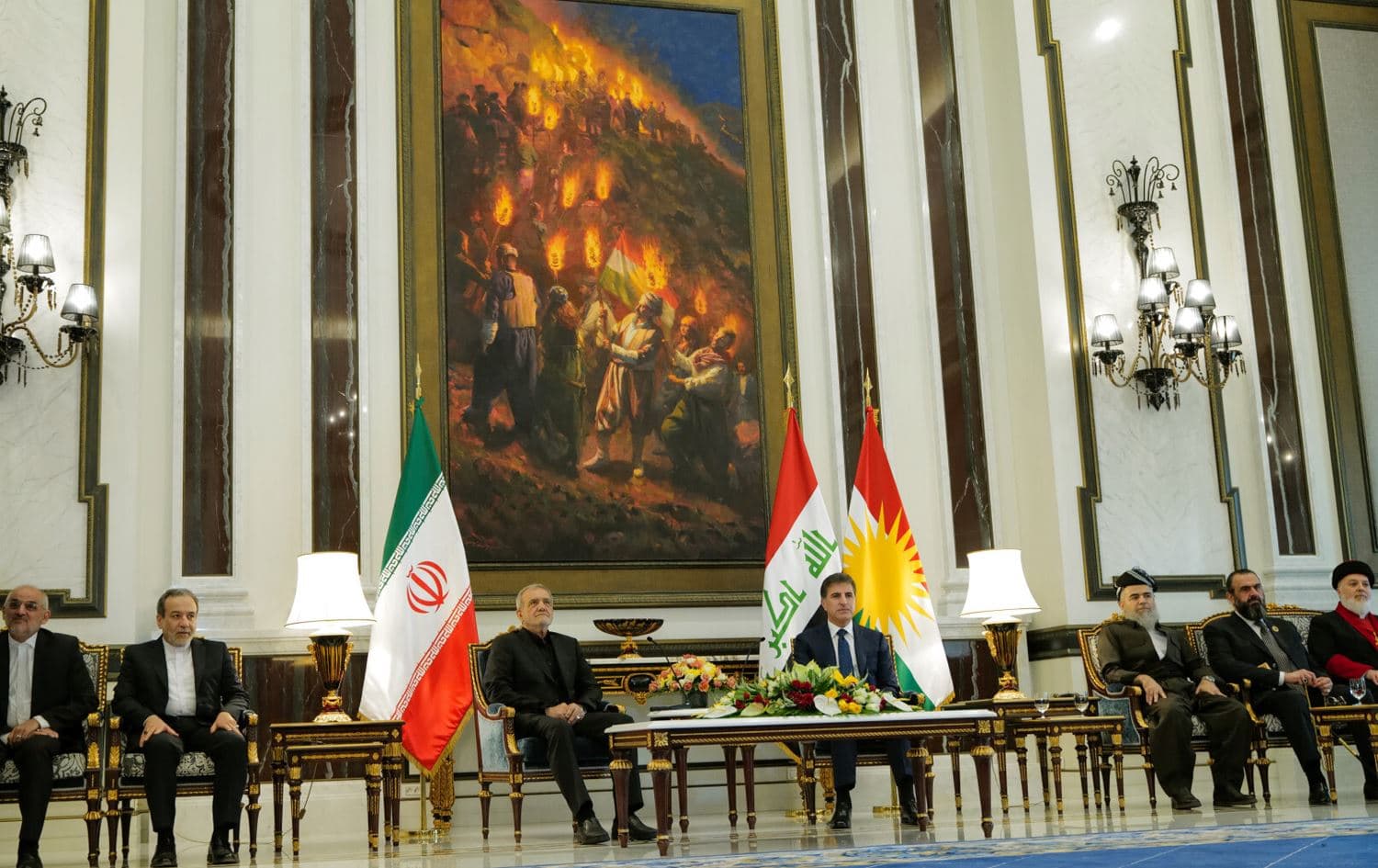 Iranian President Masoud Pezeshkian (third from left) and Kurdistan Region President Nechirvan Barzani (fourth from left) in a meeting in Erbil on September 12, 2024. Photo: Office of President Barzani