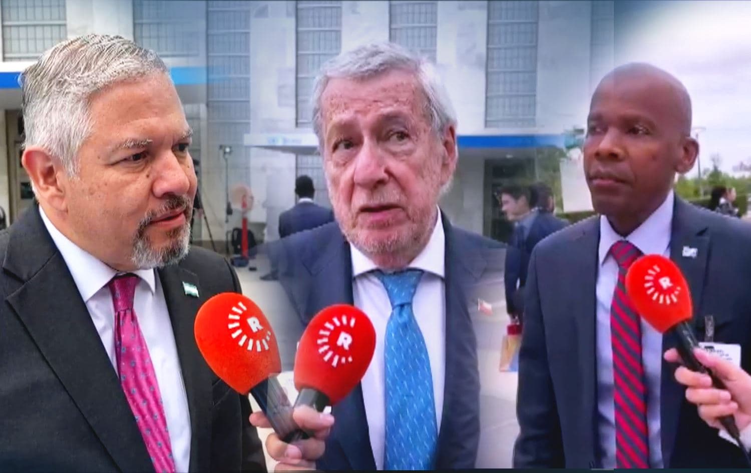 Chilean Foreign Minister Alberto van Klaveren Stork (left), Honduran Secretary of Foreign Affairs Eduardo Enrique Reina (center) and Botswanan Foreign Minister Lemogang Kwape speaking to Rudaw on the sideline of the 79 UN General Assembly in New York on September 23, 2024. Photo: Rudaw