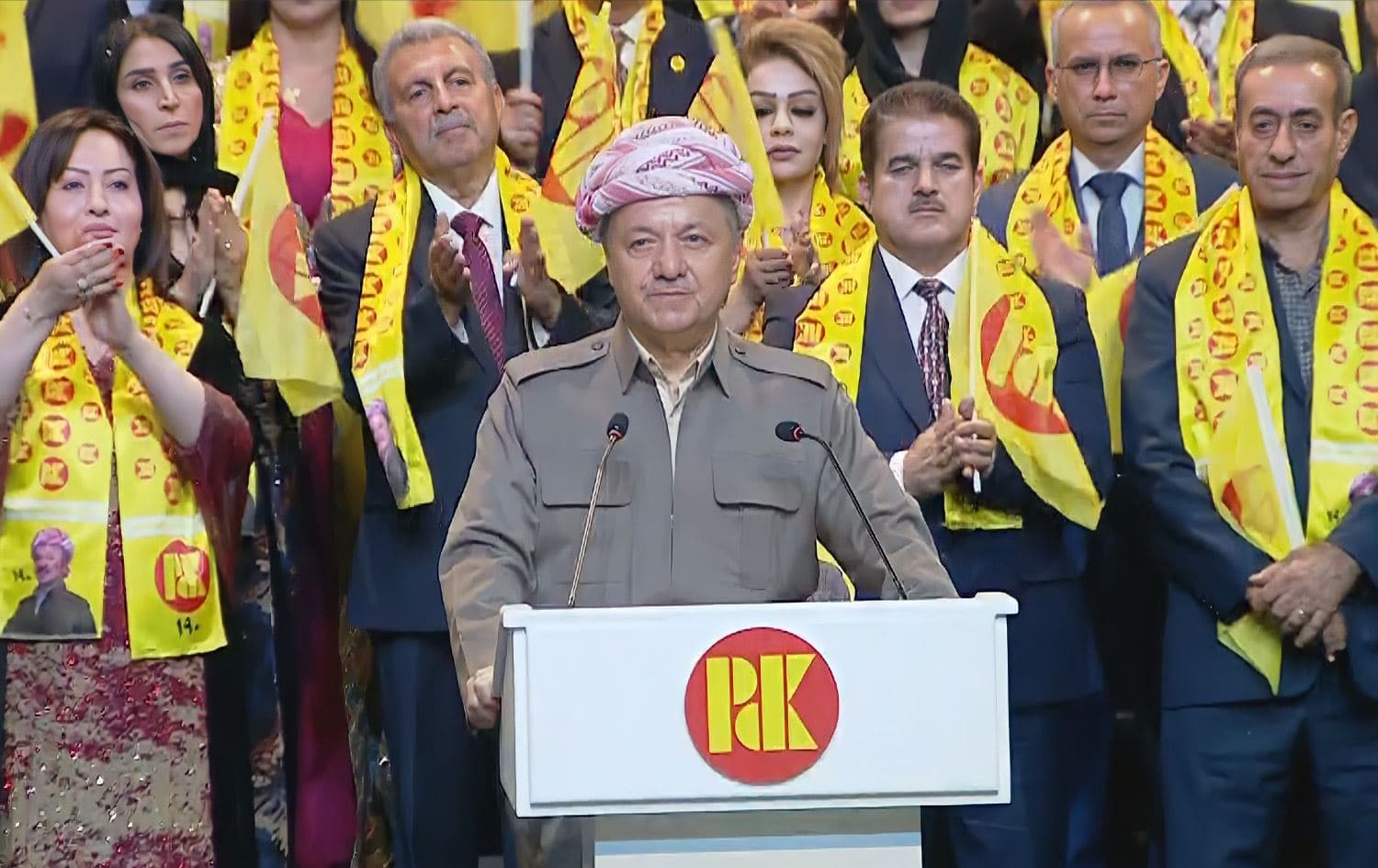 Kurdistan Democratic Party (KDP) Masoud Barzani speaks at a campaign launch event in Erbil on September 25, 2024. Photo: Rudaw/screengrab