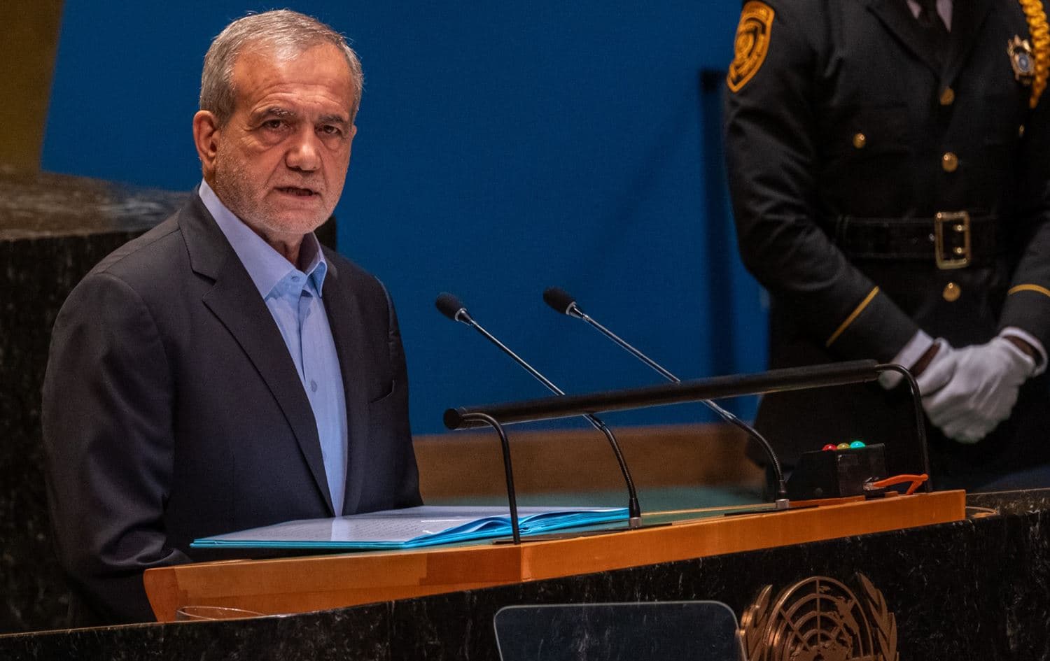 Iranian President Masoud Pezeshkian addresses world leaders during the United Nations General Assembly on September 24, 2024. File photo: AFP