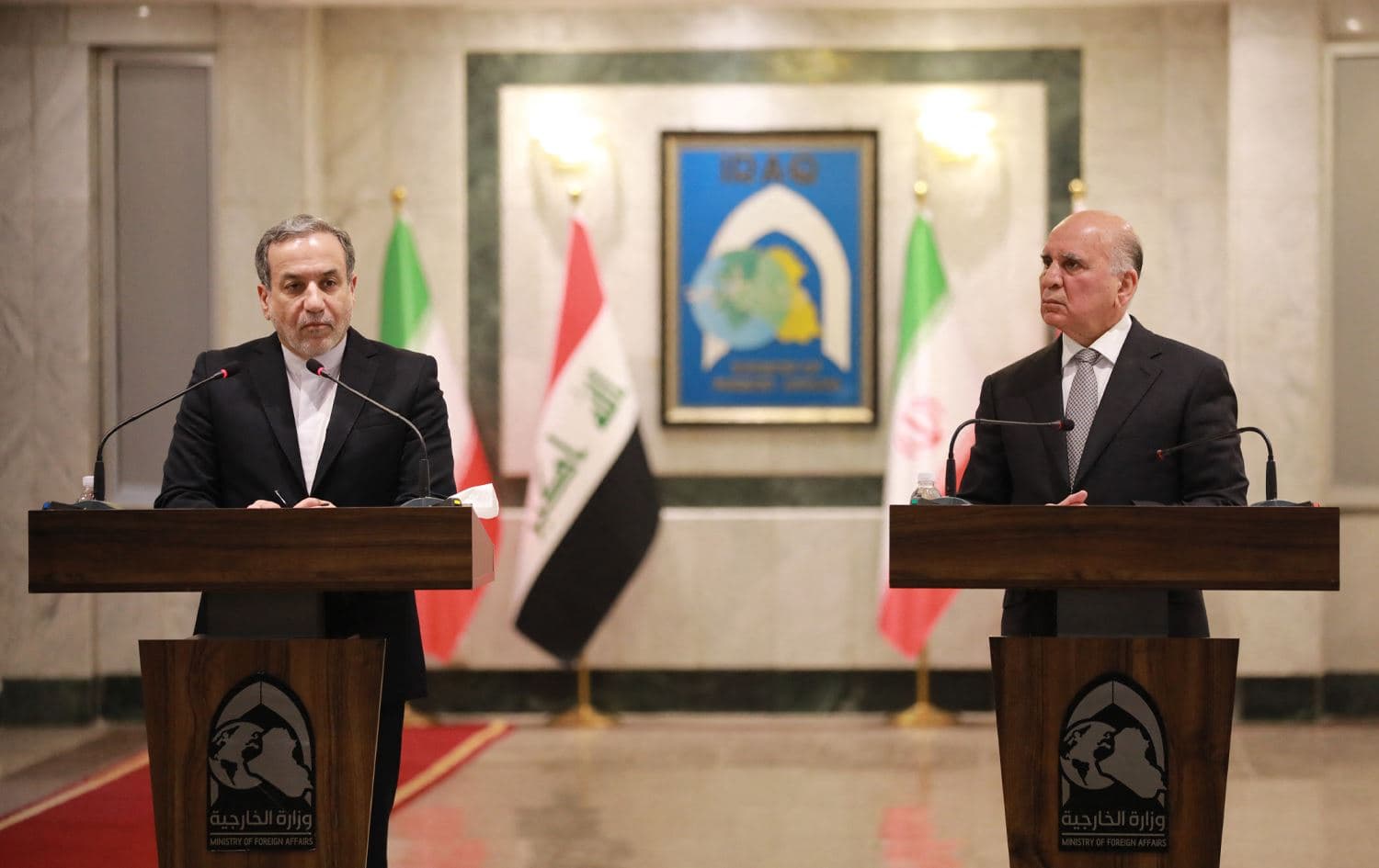 Iraqi Foreign Minister Fuad Hussein (right) attends a joint press conference with his Iranian counterpart Seyed Abbas Araghchi in Baghdad on October 13, 2024. Photo: Murtaja LATEEF / AFP