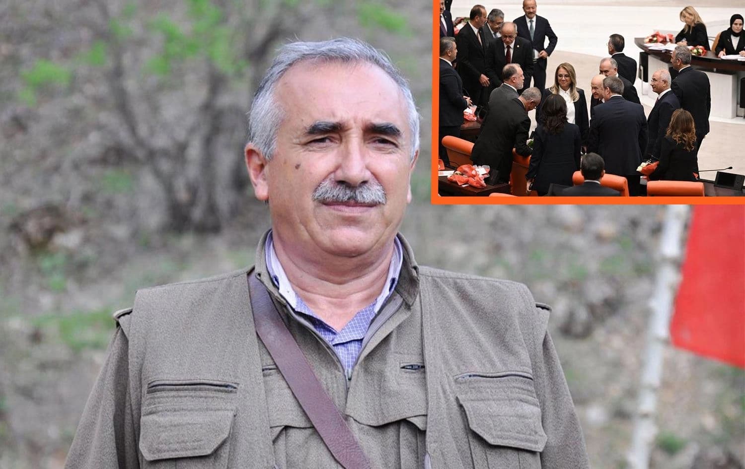Karayilan û dema ku Bahçelî silavê dide DEM Partiyê / Wêne: Rûdaw Grafîk