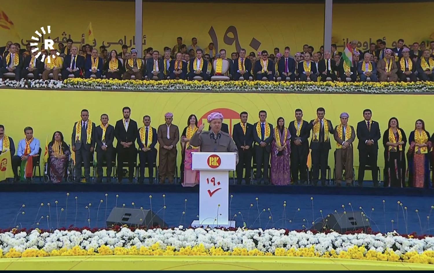 Kurdistan Democratic Party (KDP) leader Masoud Barzani rallies supporters at Franso Hariri Stadium in Erbil on October 15, 2024. Photo: Rudaw/screengrab