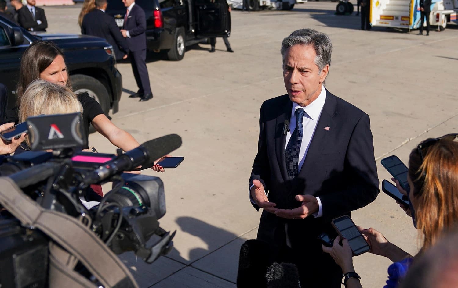 US Secretary of State Antony Blinken speaking at Ben Gurion Airport in Tel Aviv on October 23, 2024. Photo: AP/Pool