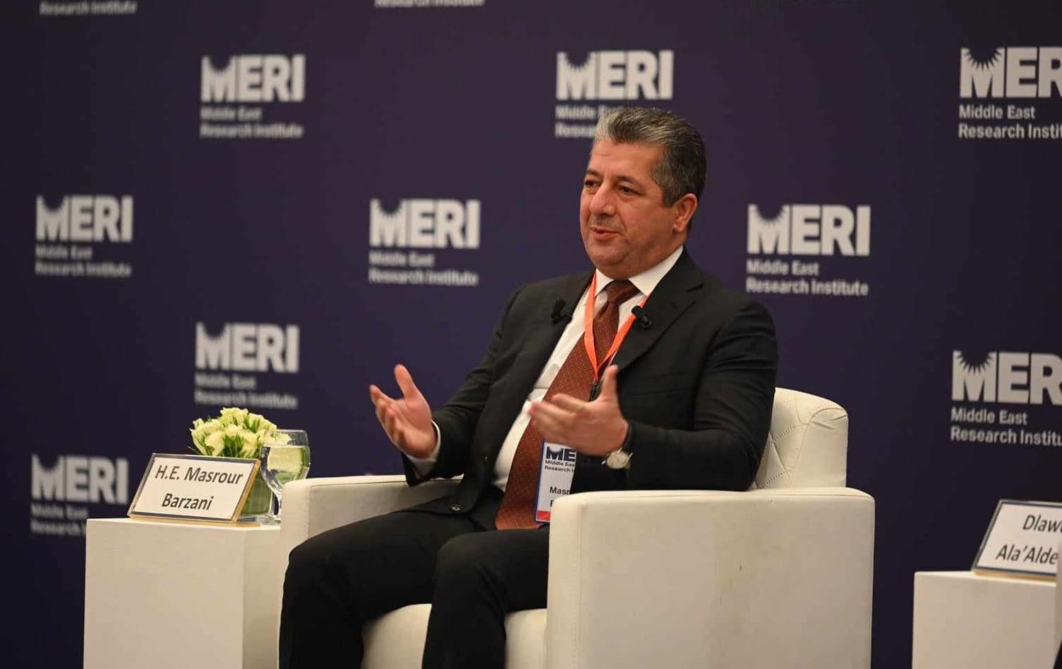 During the Middle East Research Institute (MERI) Forum in Erbil, Kurdistan Region, Prime Minister Masrour Barzani speaks on October 29, 2024. Photo: Rudaw/screengrab
