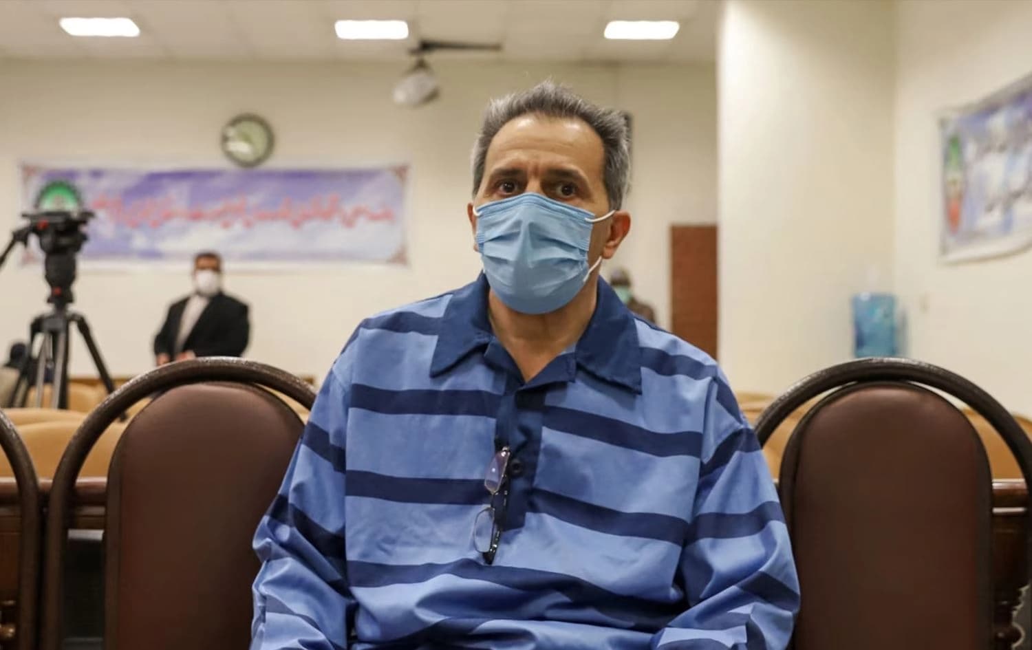 Jamshid Sharmahd attends the first hearing during his trial in Tehran in February 2022. File photo: AFP/Mizan