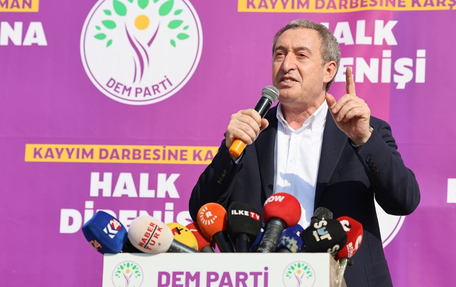Tuncer Bakirhan, Peoples’ Equality and Democracy Party co-chair, speaking at a party event in Mardin province, Turkey, on November 5, 2024. Photo: DEM Party
