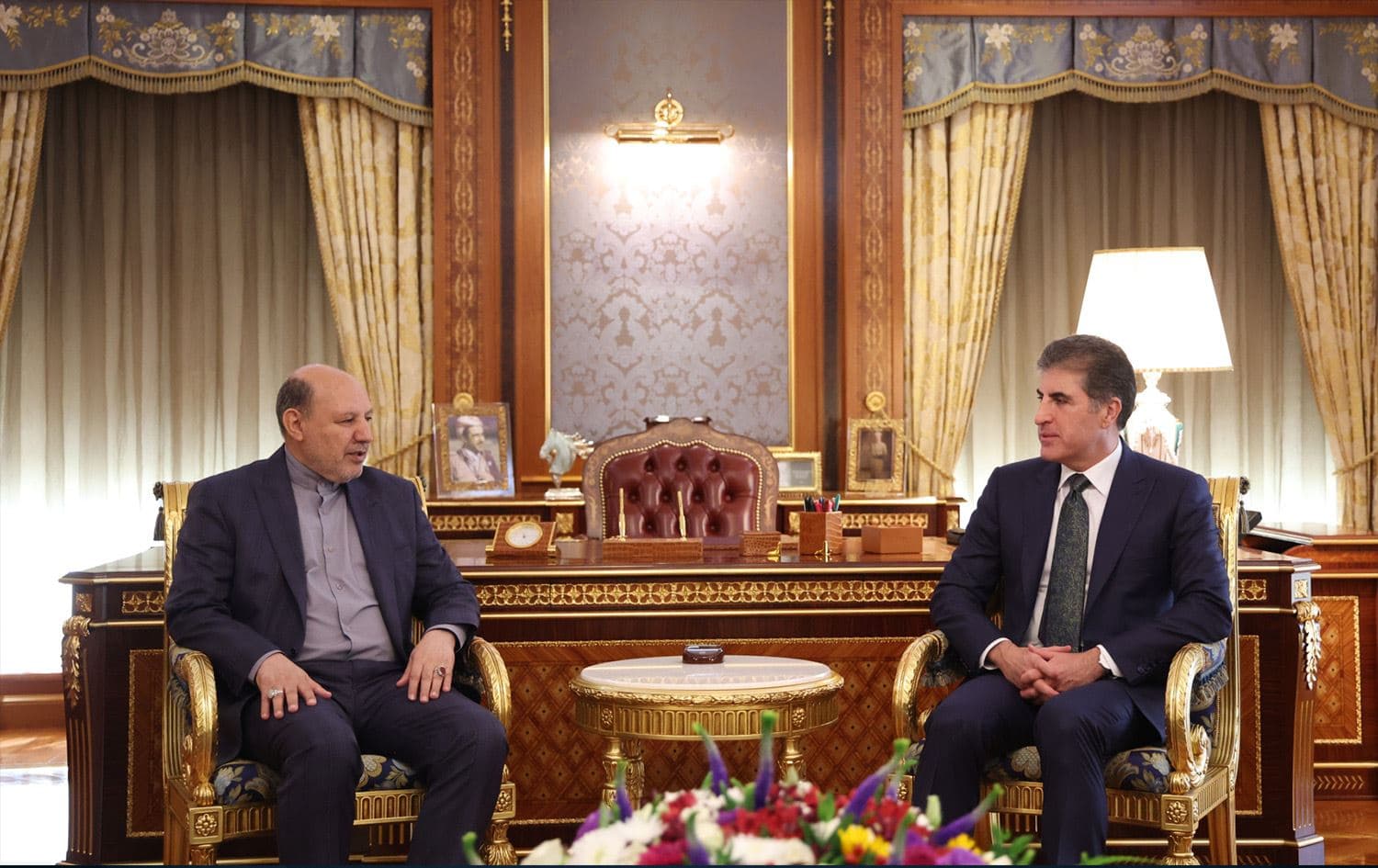 Kurdistan Region President Nechirvan Barzani and outgoing Iranian Consul General Nasrallah Rashnoudi meeting in Erbil on November 10, 2024. Photo: Kurdistan Region Presidency