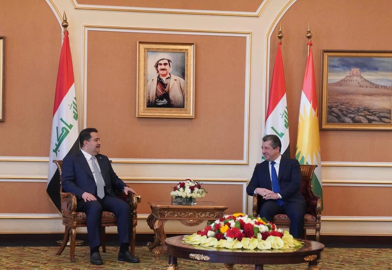 Iraqi Prime Minister Mohammed Shia' al-Sudani (left) was received by KRG Prime Minister Masrour Barzani in Erbil on November 13, 2024. Photo: KRG