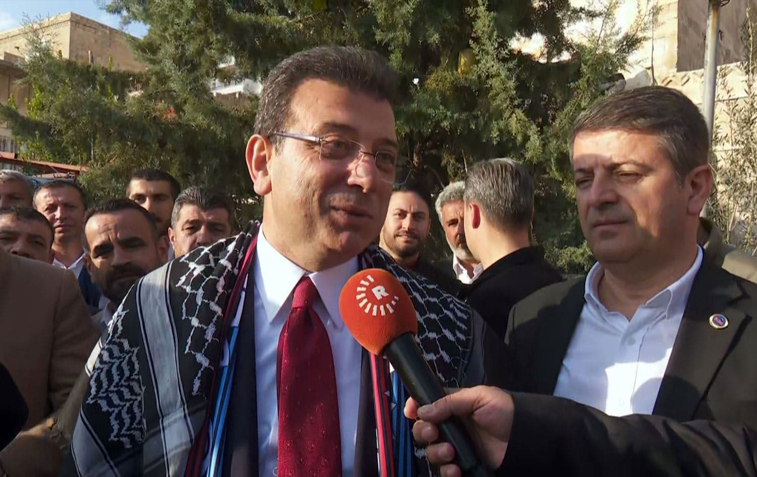 Istanbul Mayor Ekrem Imamoglu, speaking to Rudaw wearing a Kurdish scarf (pushi) on his shoulders, on November 16, 2024. Photo: Rudaw