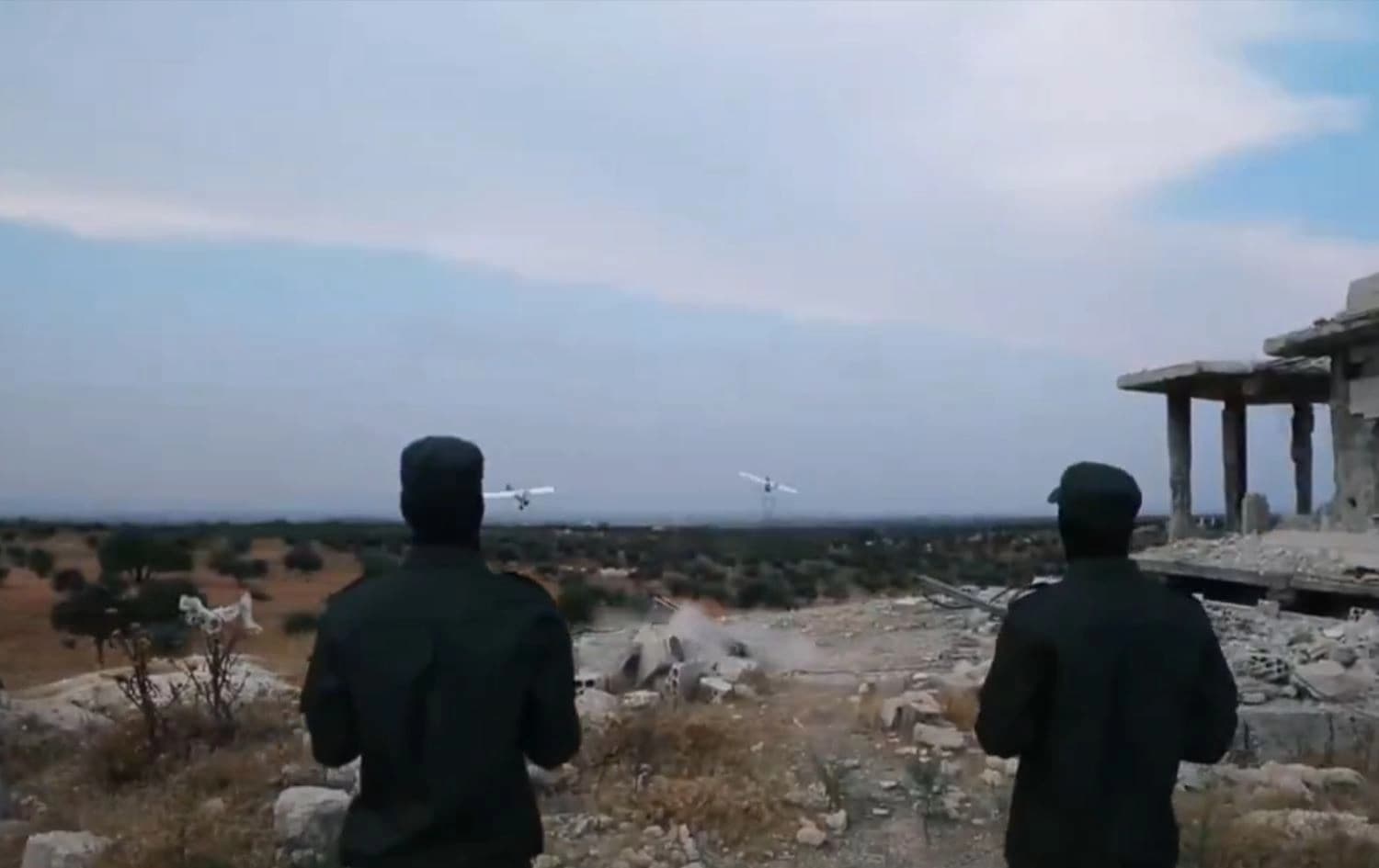 Screengrab from a propaganda video published by HTS media shows the group launching suicide drones toward regime positions in Aleppo province on November 27, 2024. Photo: HTS media