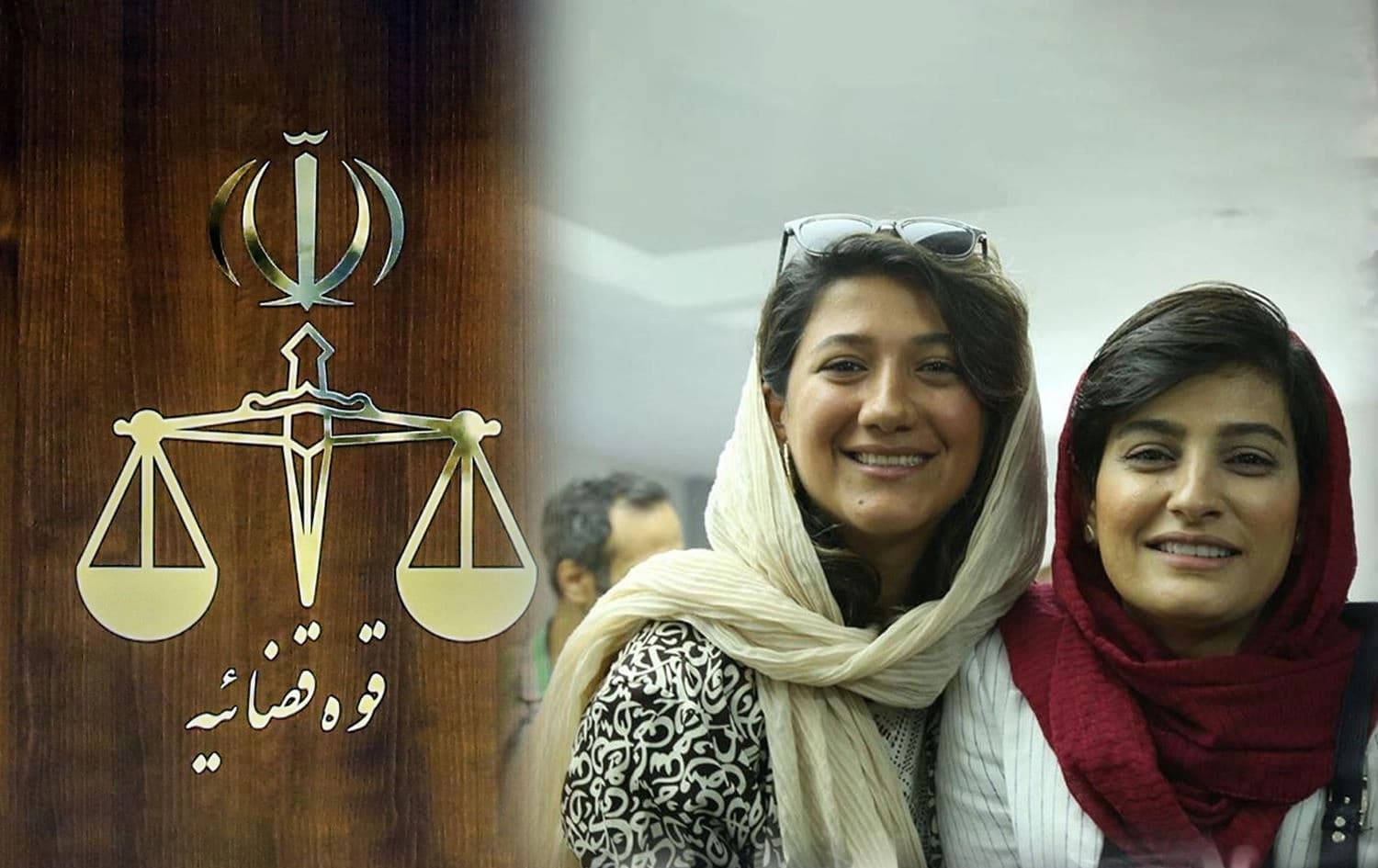 Logo of Iran's judiciary and jailed journalists Niloufar Hamedi (left) and Elaheh Mohamadi (right). Graphic: Rudaw