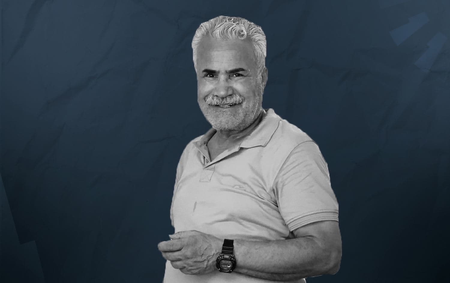 Kurdish comedian Juma Khalil, famously known as Bave Teyar. Photo: Rojava media. Graphic: Rudaw