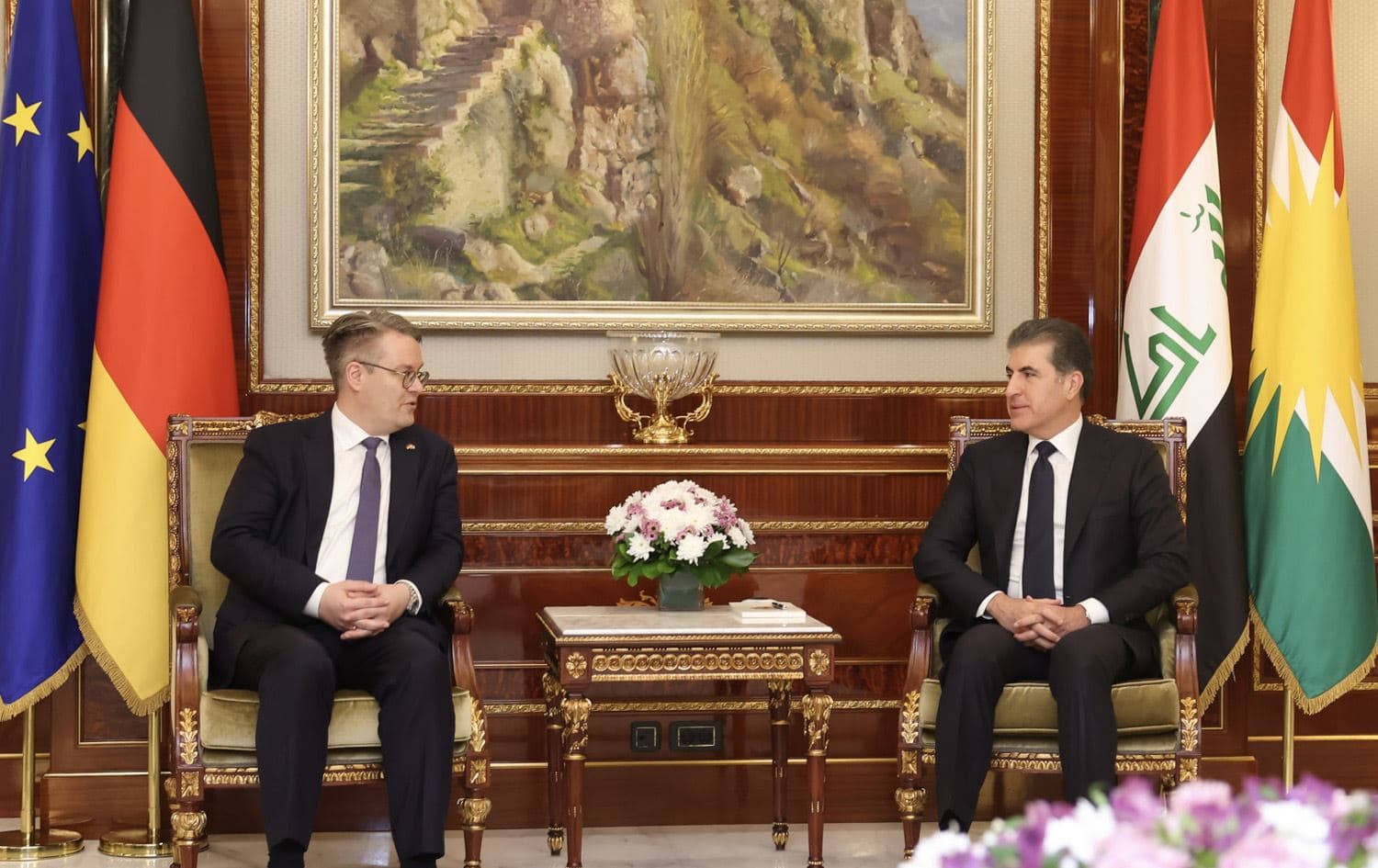 Kurdistan Region President Nechirvan Barzani (right) receiving Tobias Lindner, Minister of State at Germany's Federal Foreign Office, in Erbil on January 23, 2025. Photo: Kurdistan Region Presidency