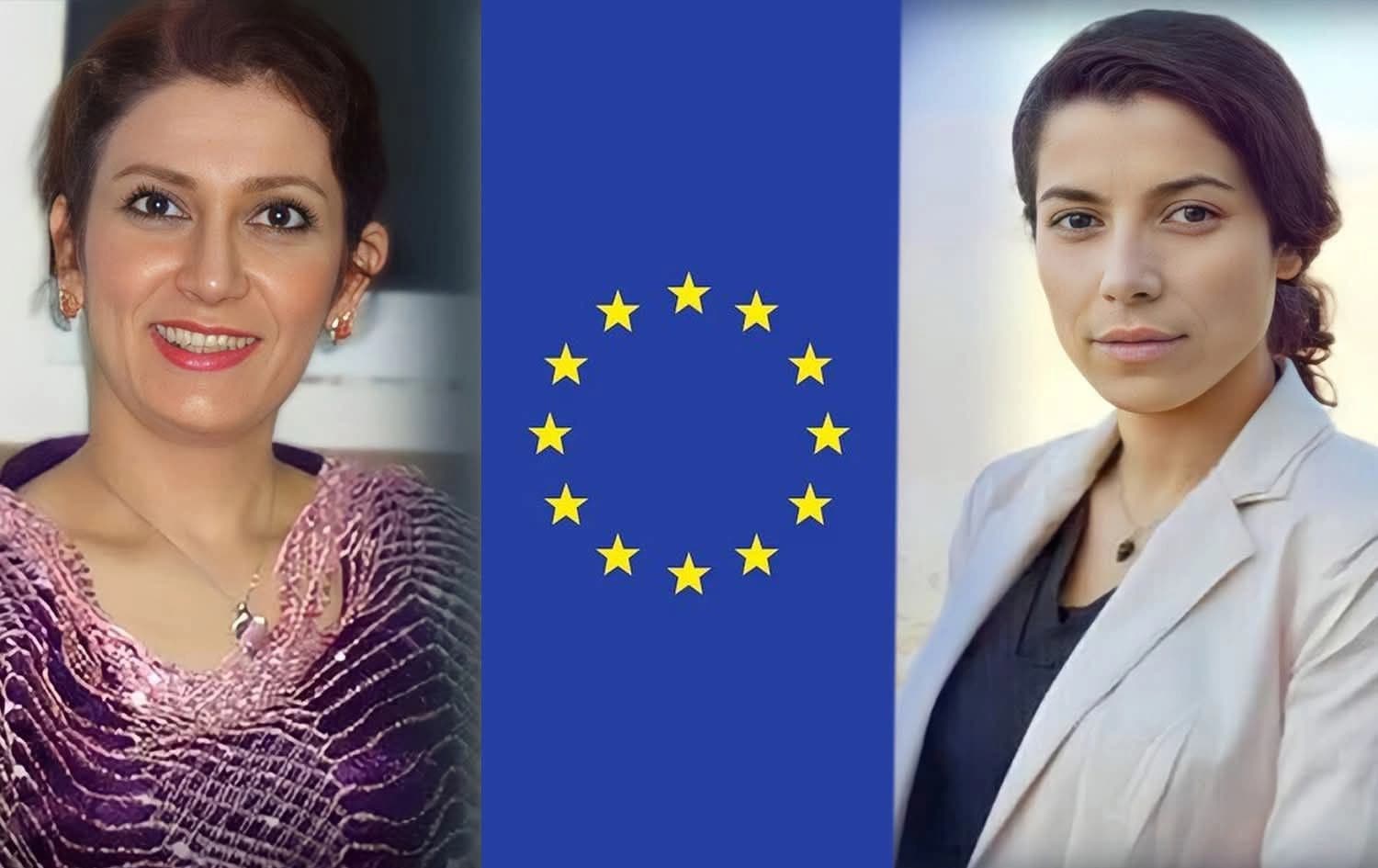 Left to right: Pakhshan Azizi, photo: Hengaw; EU logo; Wrisha (Varisheh) Moradi, photo: ANF. Graphic: Rudaw