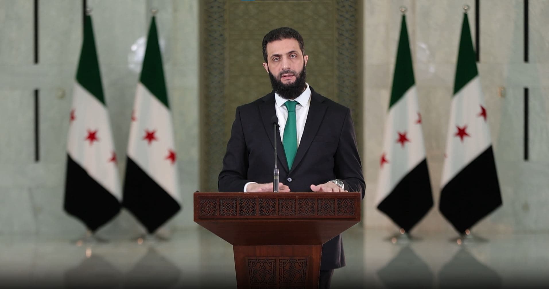 Syrian leader Ahmed al-Sharaa delivering a speech on January 30, 2025. Photo: Syrian government/screenshot
