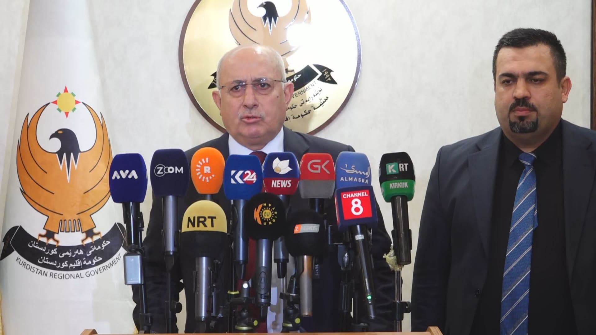 KRG Finance Minister Awat Sheikh Janab speaking to reporters in Baghdad on February 3, 2025. Photo: Rudaw