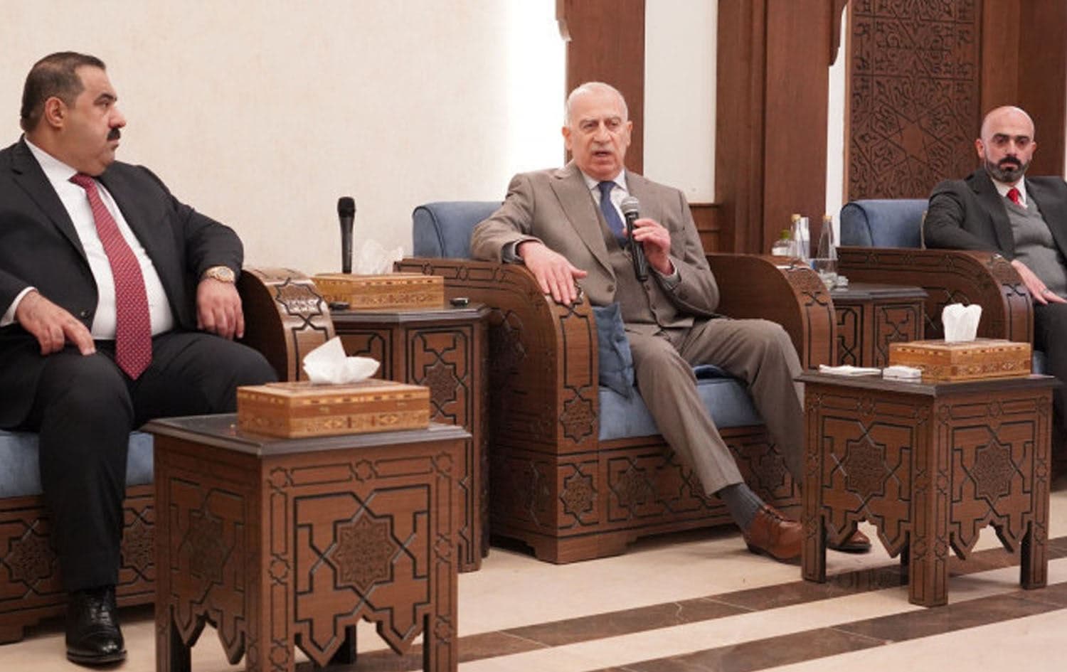 Osama al-Nujaifi (centre) speaks during an announcement of a new Sunni alliance between his Mutahidoun Party and the Azm Alliance led by Muthanna al-Samarrai (left), in Mosul on February 20, 2025. Photo: Mutahidoun Party