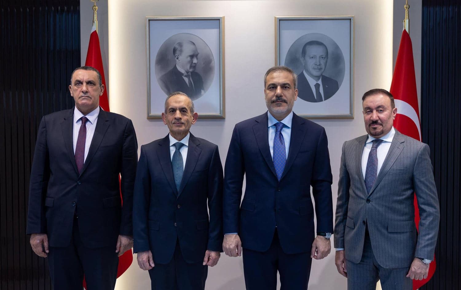 Left to right, former Kirkuk Governor Rakan al-Jabouri, Iraqi Turkmen Front leader Hasan Turan, Turkish FM Hakan Fidan, Sovereignty party spokesperson Khalid al-Mafrajiin meet in Ankara on March 5, 2025. Photo: MFATurkiye/X