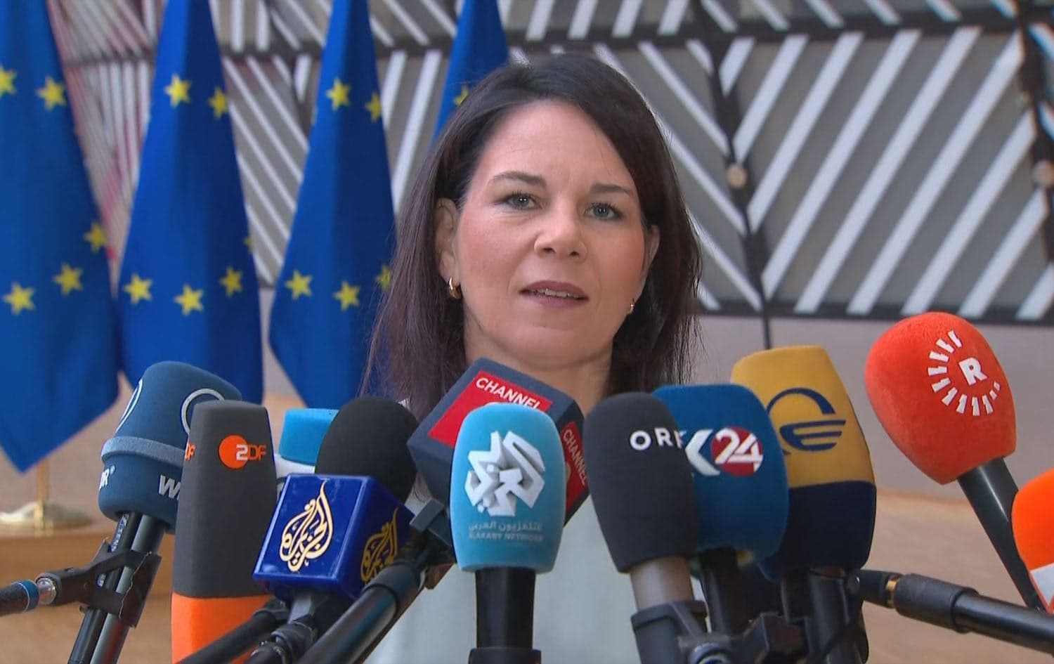 German Foreign Minister Annalena Baerbock speaks to reporters in Brussels on March 17, 2025. Photo: Rudaw