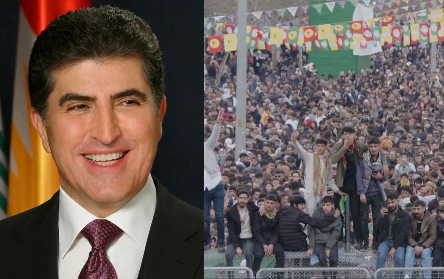 A file photo of Kurdistan Region President Nechirvan Barzani (left) and a scene from Newroz celebrations in Amed on March 21, 2025 (right). Graphic: Rudaw